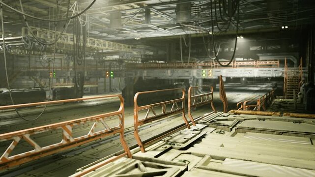 Sunlit maintenance platform with orange railings, exposed panels and service conduits, weathered floor plates, scattered tools, warm highlights and industrial