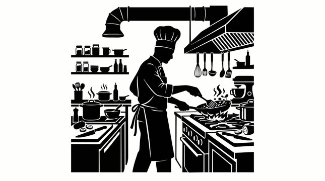 Chef Cooking in Commercial Restaurant Kitchen Silhouette Vector