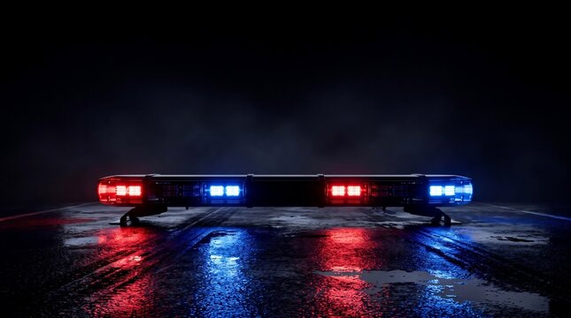 Emergency police car lightbar flashing red and blue lights on dark wet street night scene