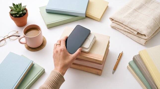 Cozy Reading Scene with Coffee, Books, and Smartphone on a White Desk