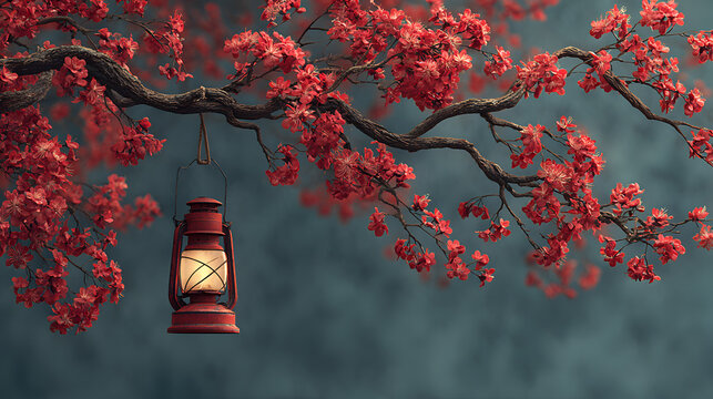 Old glowing lantern hanging from a tree branch with red autumn leaves