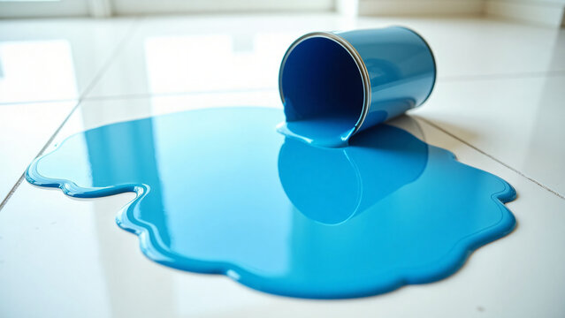 Bright Blue Paint Spill on White Floor for Text Overlay