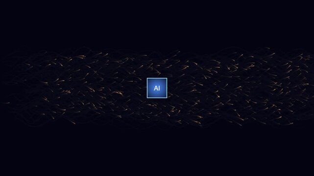Futuristic artificial intelligence concept background. Glowing blue AI text box processing flowing golden digital data stream particles.