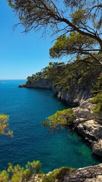 Calanques, also known as French fjords, winding bays with turquoise water among high cliffs. Provence, Alps, Cote dAzur, Marseille district, France. High quality 4k footage