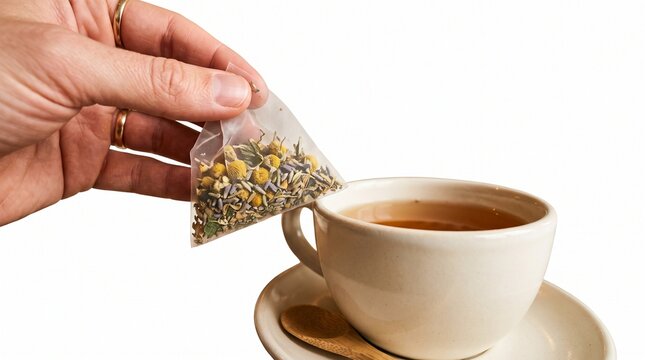 Hand holding herbal tea bag over a cup of tea with chamomile and lavender