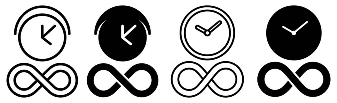 Infinity sign and clock time concept black and white vector outline icons set representing eternal time with infinity