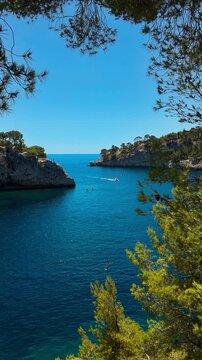 Calanques, also known as French fjords, winding bays with turquoise water among high cliffs. Provence, Alps, Cote dAzur, Marseille district, France. High quality 4k footage