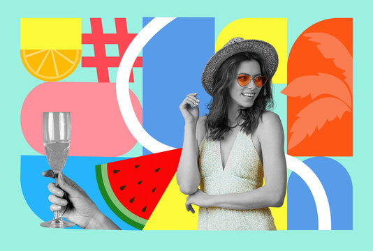 Smiling Young Woman With Sunglasses Holding A Cocktail While Posing Joyfully Amid A Vibrant Colorful Background, Reflecting Energetic Summer Vibes. Perfect For Vacation Themes.