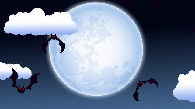 Bats Flying Erratically Full Moon 4K Loop features vector style bats with red eyes flying randomly with a full moon and clouds in the background and a blue gradient sky in a loop.