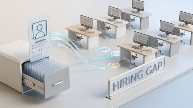 3D render of a digital hiring gap concept with vacant office desks