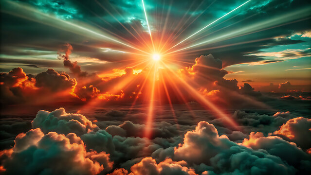 Breathtaking aerial view of a radiant golden sunrise breaking through dramatic storm clouds.