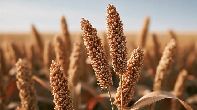 Close-up of ripe sorghum grains ready for harvest in a sunlit field
