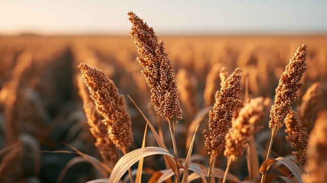 Golden sorghum field at sunset with warm light illuminating the grain heads