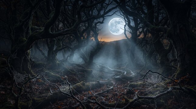 Mysterious forest with moonlight shining through dark branches  
