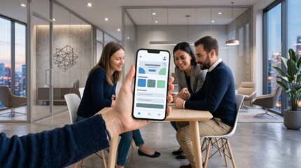 Fototapeta premium Team collaborates on mobile app design in modern office with city view