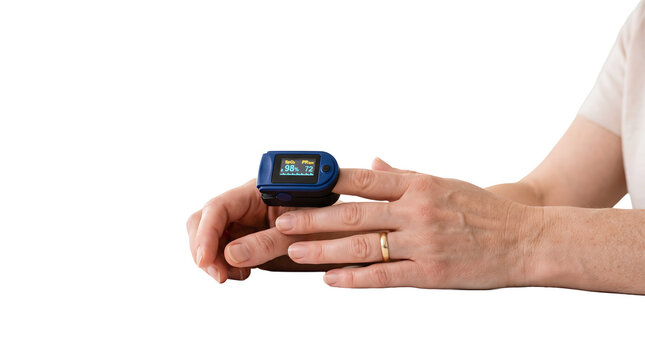 Close up of a person's finger wearing a blue pulse oximeter showing 98 percent oxygen saturation