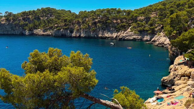 Calanques, also known as French fjords, winding bays with turquoise water among high cliffs. Provence, Alps, Cote dAzur, Marseille district, France. High quality 4k footage