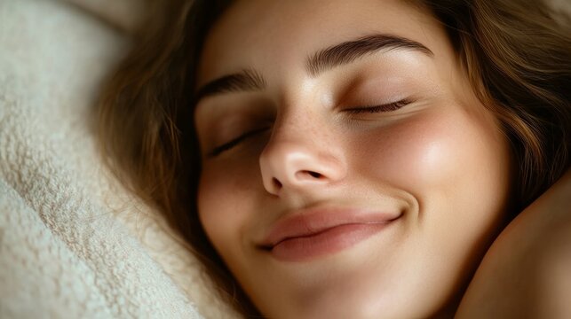smiling woman sleeping peacefully after her nighttime skincare routine; generative ai