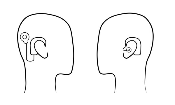 Two head silhouettes with cochlear implant and hearing aid