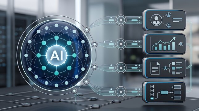 Artificial intelligence network processing data with futuristic interface