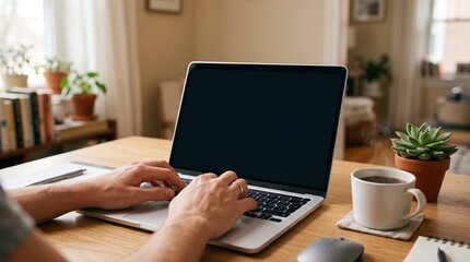 Fototapeta premium Hands typing on generic laptop with blank screen in cozy home office, morning light, copy space