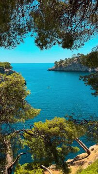 Calanques, also known as French fjords, winding bays with turquoise water among high cliffs. Provence, Alps, Cote dAzur, Marseille district, France. High quality 4k footage