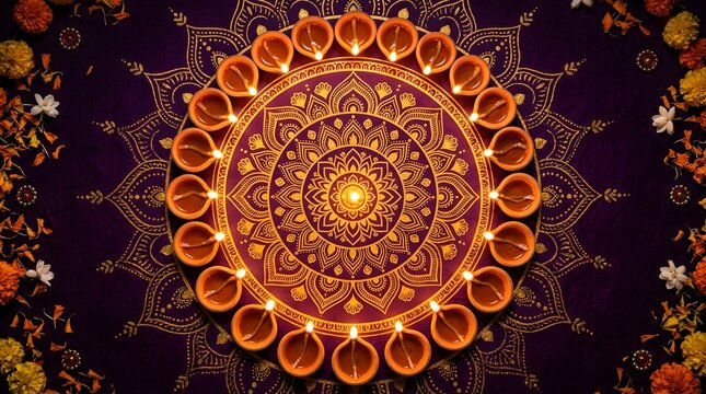Traditional diwali oil lamps arranged in circle around mandala design