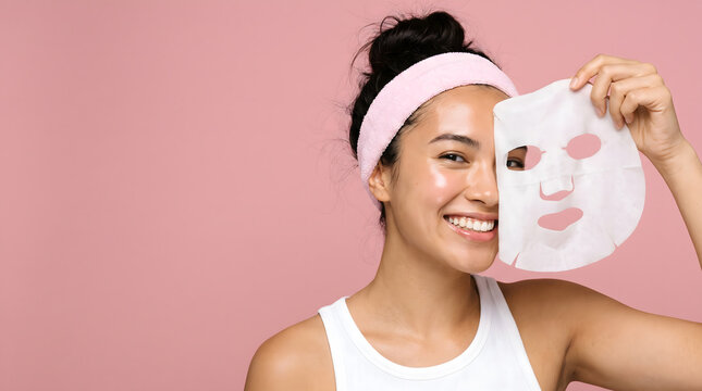 Joyful woman holding sheet mask over half face laughing headband beauty portrait pink closeup background