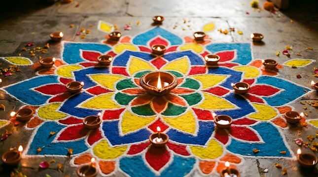 Colorful rangoli floor art decorated with lit diyas for diwali festival