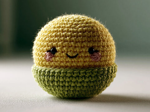 A cute yellow and green crochet amigurumi toy with a happy smiling face design.