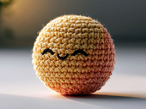 A small round yellow crochet ball toy with a simple happy face stitched on it.