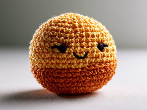 A two-toned orange and yellow crochet ball with a sweet happy face expression.