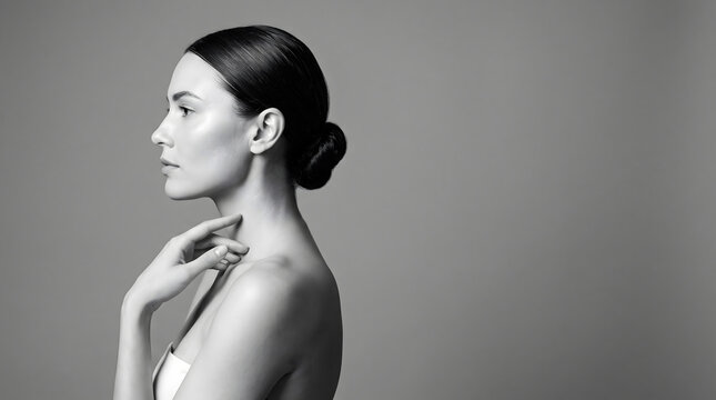 Woman touching neck in profile black and white portrait with soft studio lighting and skincare beauty theme