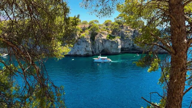 Calanques, also known as French fjords, winding bays with turquoise water among high cliffs. Provence, Alps, Cote dAzur, Marseille district, France. High quality 4k footage