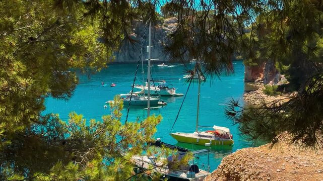 Calanques, also known as French fjords, winding bays with turquoise water among high cliffs. Provence, Alps, Cote dAzur, Marseille district, France. High quality 4k footage