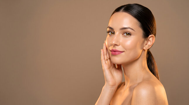 Woman touching cheek and smiling gently on brown background for warm skincare and beauty wellness portrait