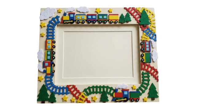 Handmade wooden picture frame decorated with a colorful train theme isolated on transparent background