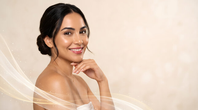 Woman touching chin and smiling on cream background with soft flowing lines for elegant skincare beauty