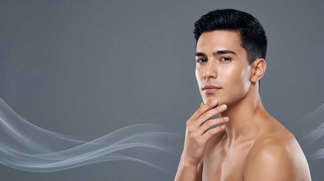 Man touching chin and looking at camera on grey background with soft smoke for skincare beauty
