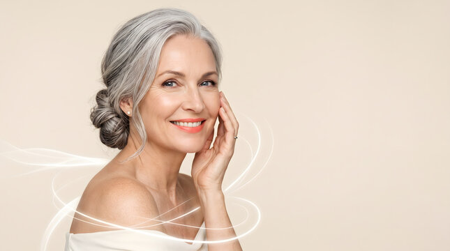 Older woman with grey hair touching cheek and smiling on beige background for mature skincare beauty