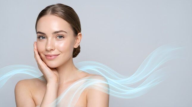 Young woman touching smooth face with glow skin against grey background and flowing blue light wave