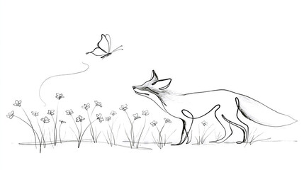 Fototapeta premium Fox Sniffing Wildflowers in a Meadow