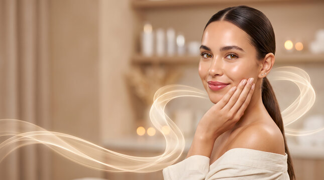 Elegant woman touching cheek gently against warm beige spa background with soft golden candlelight glow