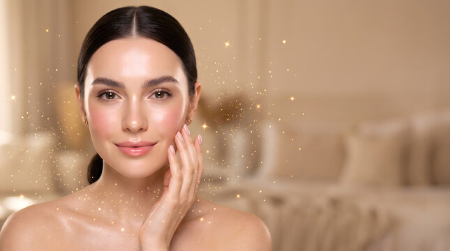 Woman gently touching cheek with glowing skin and elegant necklace against warm golden sparkle background