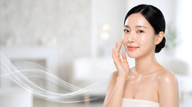 Asian woman gently touching cheek with radiant skin against bright white interior background and soft wave