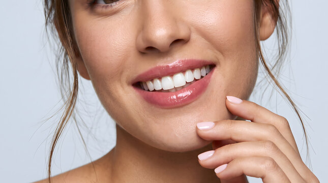 Close up of smiling mouth showing glossy lips healthy white teeth and smooth skin texture
