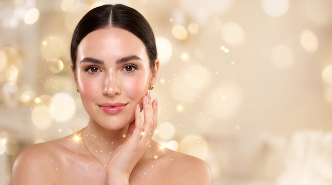 Woman smiling softly while gently touching cheek against sparkling golden bokeh background with elegant necklace