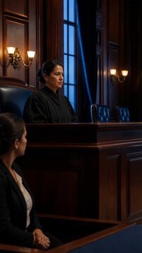 Professional judge working at desk in courtroom with justice authority elements
