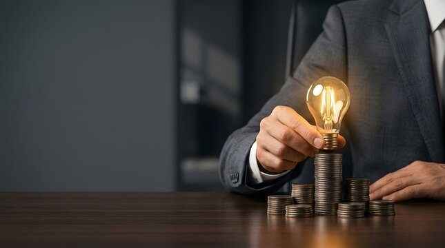 Executive holding a glowing bulb above coin towers on a desk represents monetizing innovative concepts.