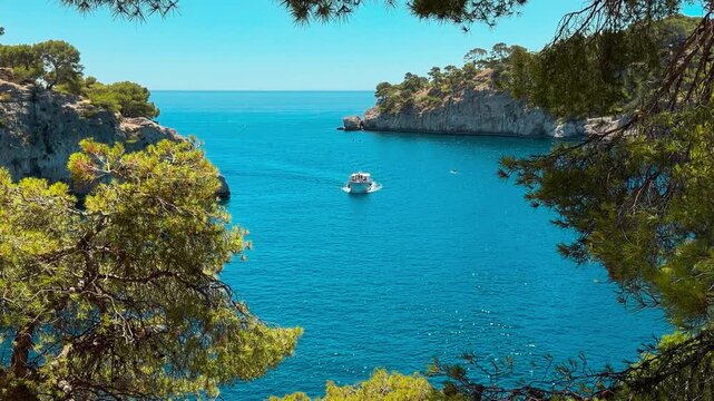 Calanques, also known as French fjords, winding bays with turquoise water among high cliffs. Provence, Alps, Cote dAzur, Marseille district, France. High quality 4k footage